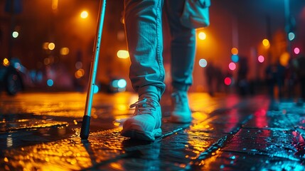 Cropped photo of legs of blind disabled man with long stick walking on the street at night.