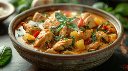 A delicious chicken curry dish with potatoes and vegetables on a table - obrazy, fototapety, plakaty