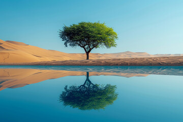 An oasis in the desert where a single lush tree stands beside a spring its reflection perfectly captured in the still water below