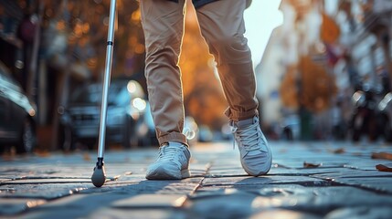 Low section of visually impaired person walking in the street.