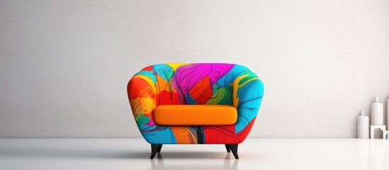 A vibrant, modern armchair with a colorful design is placed in front of a clean white wall. The chairs unique colors and patterns contrast with the simplicity of the background. - obrazy, fototapety, plakaty