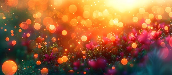 Vibrant Sunset Bokeh Lights Background with Blooming Flowers and Glowing Effects - obrazy, fototapety, plakaty