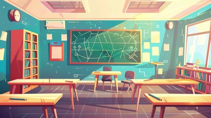 Decorative geometrical classroom interior, school classroom with teacher table, student desks, blackboard with geometrical tasks and rulers, shelves with textbooks, studying posters, Cartoon modern