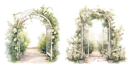 Romantic watercolor archway entrances with flowers