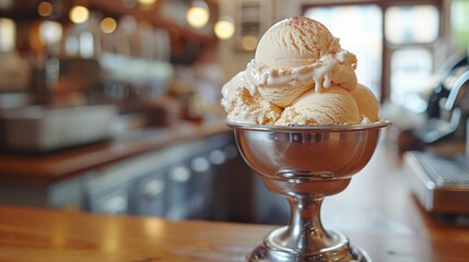 two scoops of ice cream sit in a silver bowl on a wooden table in front of a laptop computer.