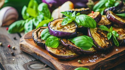 a wooden cutting board topped with sliced eggplant on top of a wooden table next to fresh basil leaves.