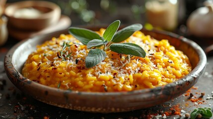 A dish of pumpkin risotto topped with sage on a table