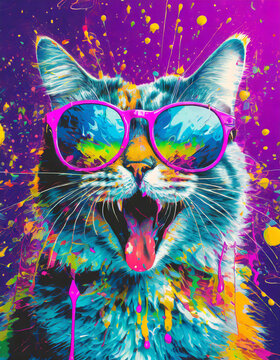 Vibrant pop art style portrait of a cat wearing sunglasses with mouth open and paint splattering effect