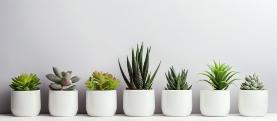 A row of various succulent plants in pots are neatly arranged on top of a table, adding a touch of greenery to the indoor space. The plants sit on a white shelf, creating a minimalist and modern look.