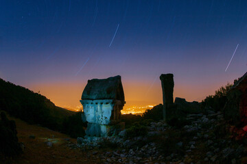 Night astro photos of an ancient tomb in the ancient city of Xanthos, Antalya, Türkiye