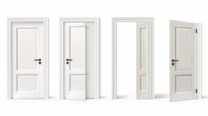 Wooden door with handle and frame in open, closed, and ajar positions, modern realistic set isolated on white background. 3d wood door with handle and frame in open, closed, and ajar positions.