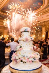 Spectacular wedding cake with fireworks display at a luxury venue, evoking excitement and romance for the spectacular nuptial celebration