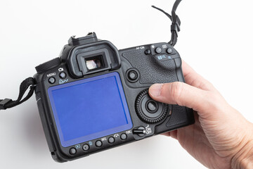 Professional DSLR Camera Back View with Detailed Buttons and Blank Screen