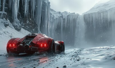A futuristic sports car races across a snowy landscape, flanked by towering ice cliffs, in an...