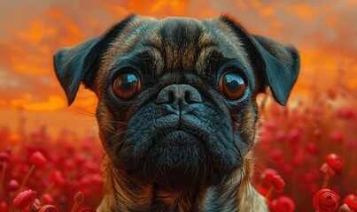 An adorable pug with expressive, soulful eyes is captured in front of a vibrant field of red flowers under a fiery sunset sky.