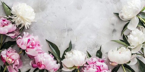 White and pink peonies spread over a textured grey surface for a modern look. Soft peonies with a splash of pink and white hues on a concrete background.