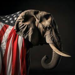Profile view of a majestic elephant, the political symbol for the Republican Party, with an American flag wrapped around its shoulders.