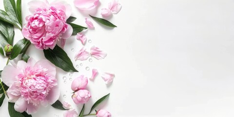 Pink peony blossoms with fresh water droplets on a clean white background. Springtime pink peonies with vibrant green leaves and scattered petals.