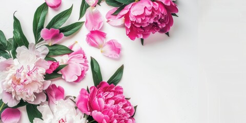 Variety of pink peonies spread with green leaves on white. Elegant spread of pink peony flowers and foliage on a clean background. Pink peonies with green leaves