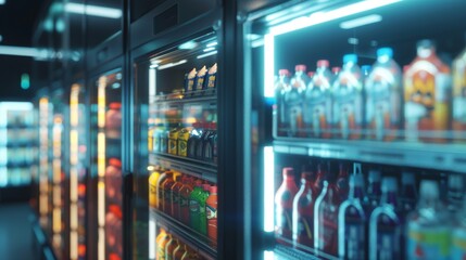 Refrigerated grocery shelves with colorful beverages in modern store. Brightly lit interior showcasing variety of chilled drinks. Shopping for refreshing beverages in a contemporary market setup.