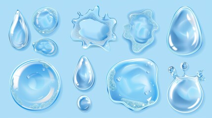 Set of liquid spills, water drops, and puddles isolated on transparent background. Droplets of pure aqua, blue cosmetic serum or gel in top view.