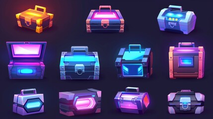 Futuristic boxes for video games, futuristic technology chests, loot boxes with electronic locks and neon lights. Modern cartoon illustration isolated on white background.