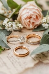 Obraz na płótnie Canvas Engagement and wedding rings nestled among soft flowers and greenery