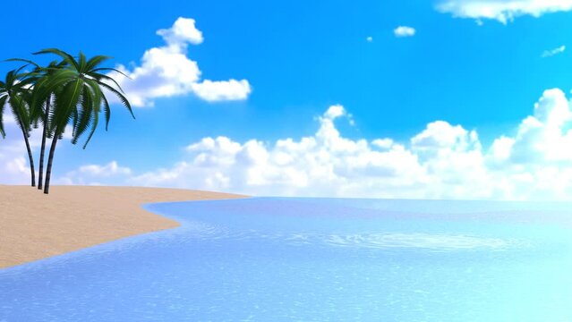 beach with some palm tree and waving turquoise blue ocean on the blue sky as 3d modeling seamless loop animation for your background stuff.