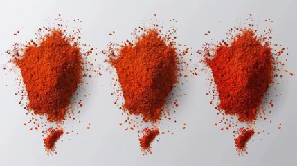 Fotobehang A realistic set of paprika powder sprinkled on a transparent background. Modern illustration showing a red chili pepper on top. A hot seasoning, sweet spicy food condiment. An ingredient found in © Mark