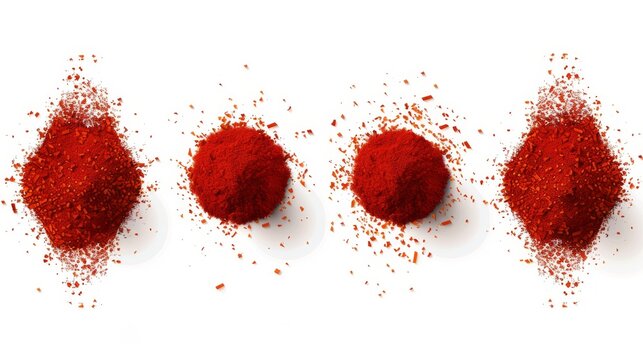 Isolated set of paprika powder sprinkled over transparent background. Modern illustration featuring a top view of a red chili pepper. Hot seasoning, sweet spicy food accessory. Mexican cuisine