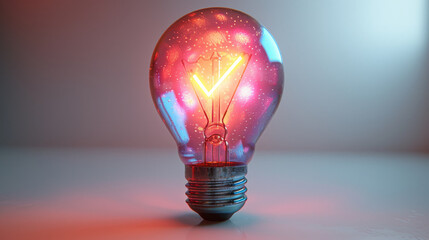 A light bulb is lit up and has a red glow. The light bulb is surrounded by a blurry background. The light bulb is the main focus of the image and it gives off a warm, inviting feeling - obrazy, fototapety, plakaty