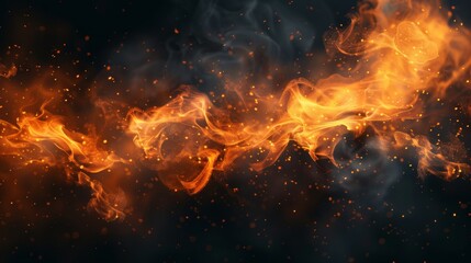 Detailed fire spark overlay on a smoke and flame background. Heat glow in a cloud isolated on transparent background. Abstract illustration of a hell bonfire or hot cinders on a fire spark overlay. - obrazy, fototapety, plakaty