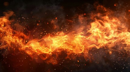 An abstract illustration of a hell bonfire with glowing orange cinders on a smoky background. Realistic flying orange sparkles on a transparent background.