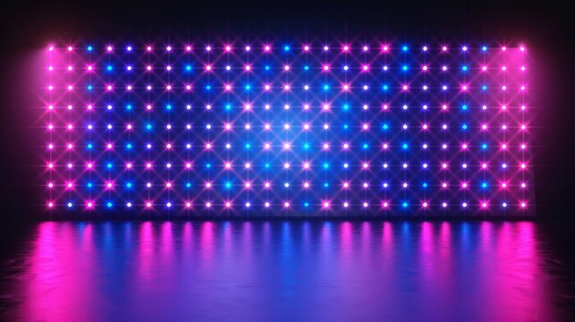 Modern illustration of realistic LED screen isolated on black background. Concert hall, modern theater, night club decoration with glowing neon blue and pink dots.