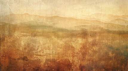 A painting of a mountain range with a brownish color. The painting has a rustic and aged look to it