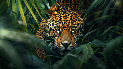 Majestic jaguar prowling stealthily through dense