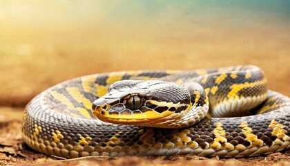 Fototapeta premium a close up of a yellow and black snake on a dirt ground with a blurry sky in the background.
