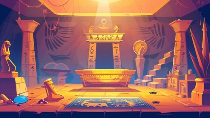 Cartoon illustration of ancient Egypt pharaohs' tomb with golden sarcophagus, hieroglyphs, scarab beetles, ritual vases, treasures, and other religious symbols. - obrazy, fototapety, plakaty