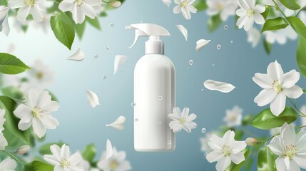 An attractive white modern poster of a cosmetic company with liquid soap packaging and falling jasmine flowers. A white bottle with pump is containing body lotion, washing gel, or cleaner. This is a - obrazy, fototapety, plakaty