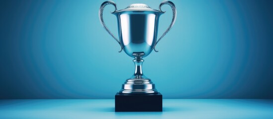 A silver trophy is elegantly displayed on a vibrant azure table, adding a touch of class to the room. The shimmering award stands out against the cool blue backdrop