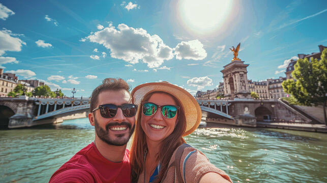 A couple is smiling and posing for a picture in front of a bridge. The woman is wearing a straw hat and sunglasses