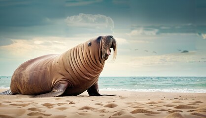  a walpopo sitting on a sandy beach with the ocean in the back ground and clouds in the sky.