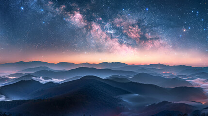 Fototapeta na wymiar The sky is filled with stars and the mountains are covered in mist