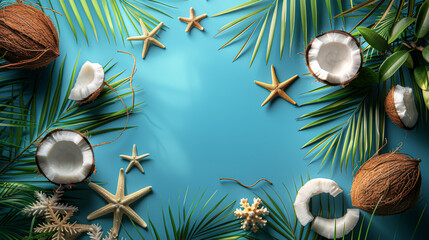 A blue background with a bunch of coconuts and starfish - Powered by Adobe