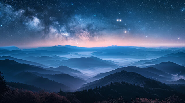 A beautiful night sky with a large, dark blue mountain range in the background. The stars are shining brightly, creating a peaceful and serene atmosphere