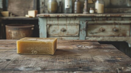 a block of soap sitting on top of a wooden table in front of an old dresser and a wooden cabinet.
