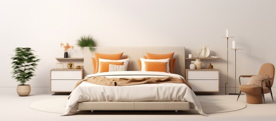 Fototapeta na wymiar A bedroom with white walls featuring a modern bed adorned with vibrant orange pillows. The room is harmonized with a beautiful mirror shelf, elegant accessories, stylish bed sheets,