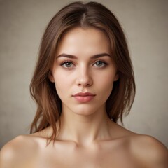 Fototapeta premium a close up of a woman's face wearing a strapless bra and posing for the camera with a serious look on her face.