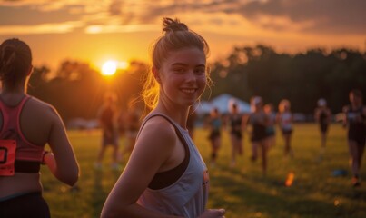 Woman participating in a running club at sunset, surrounded by other runners