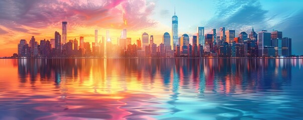 A stunning sunset casts warm hues over a city skyline, with its mirrored reflection on the calm waters creating a tranquil urban scene.